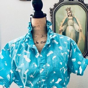 Reworked  Short Sleeve Button Down Ruffle Collar Upcycled Shirt